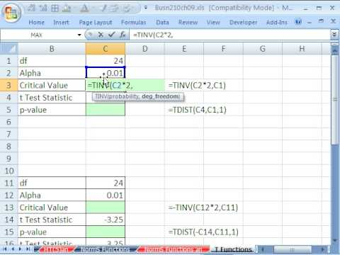 İstatistik 91 Excel: Tters Ve Tdağ İşlevleri Kritik Değer Ve P-Değeri 6 Örnekler