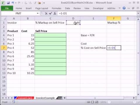 Excel 2010 İş Matematik 71.5: Fiyat Satmak İçin Fatura Ücreti Dönüştürmek İçin Formül