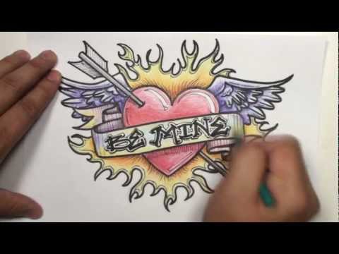 Hız Çizim: Nasıl Bir Kalp Kanatları, Ok, Şerit Ve Alevler İle Beraberlik İçin