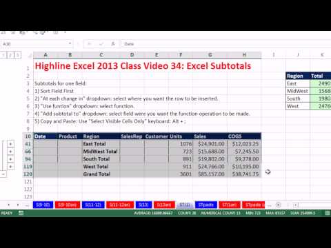 Highline Excel 2013 Sınıf Video 34: Excel Alt Toplamları, Ekle Alt Toplamlar Bir Veya İki Sütun Temel Alan