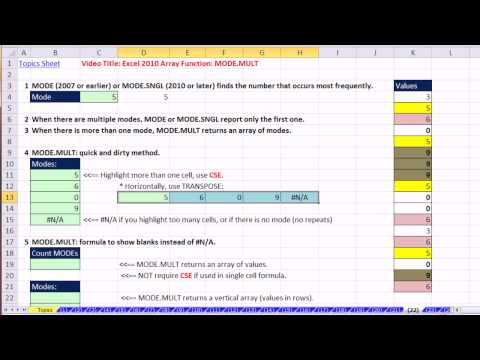 Ctrl + Üst Karakter + Enter: Excel Dizi Formülleri 22: Excel 2010 Dizi İşlevi: Modu. Mult